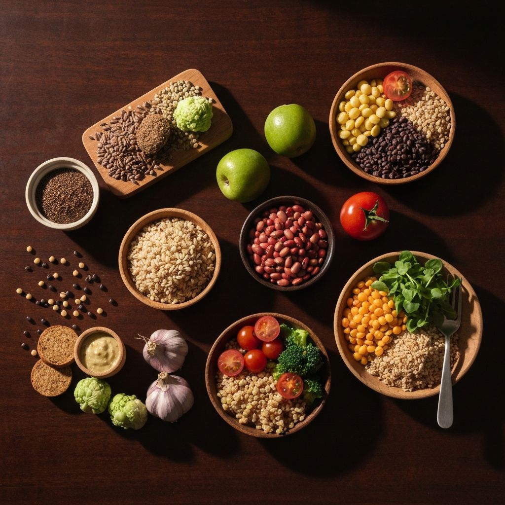 Overhead composition of a wholesome balanced meal with grains, vegetables, legumes, and fruits
