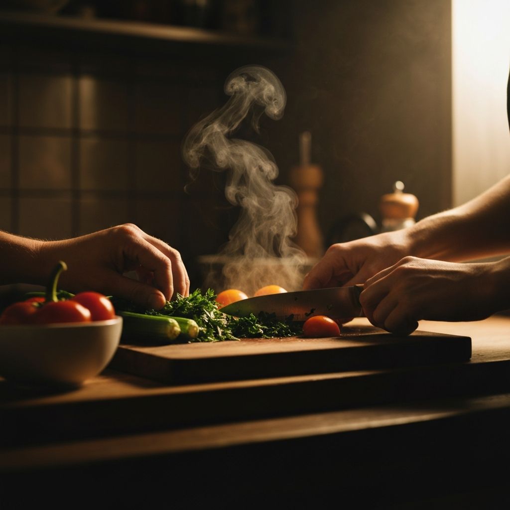Fresh vegetables being prepared on a dark wooden cutting board with warm side lighting