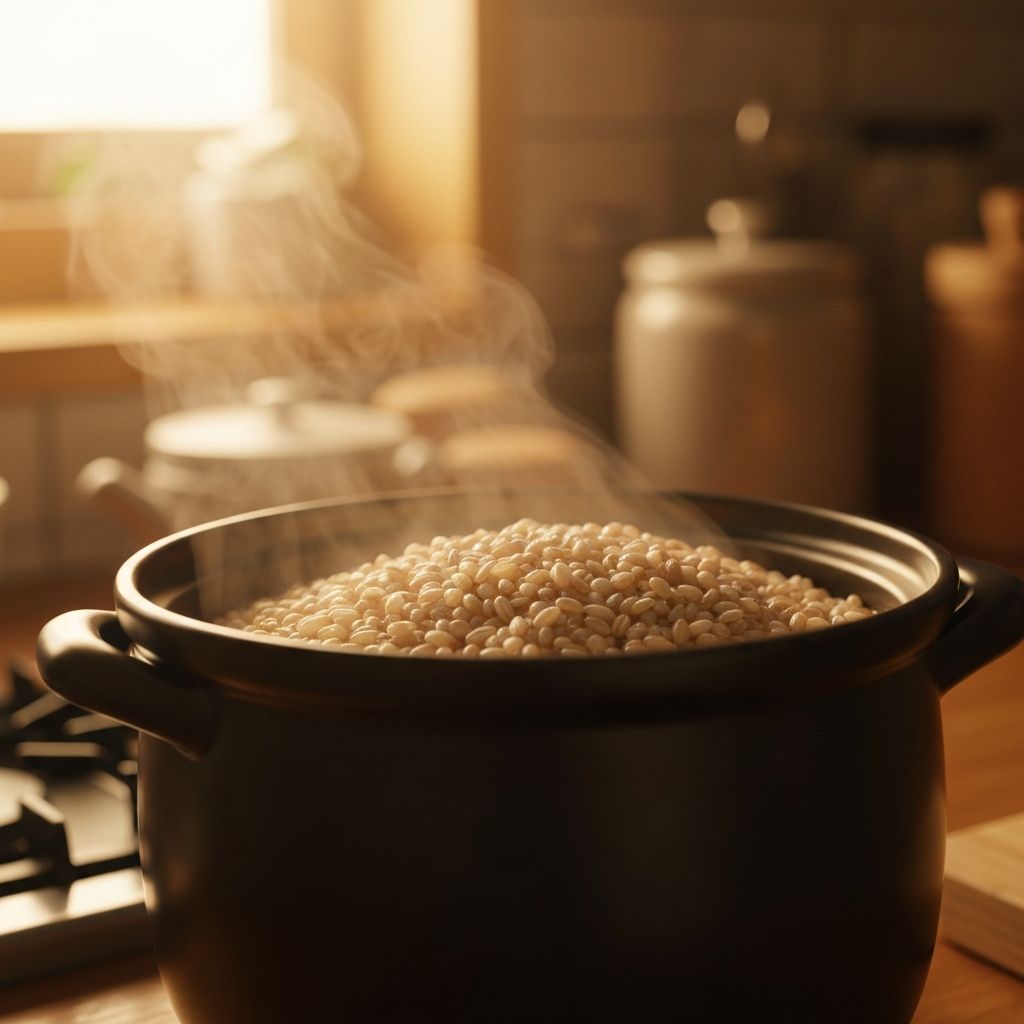 Whole grains being cooked in a dark ceramic pot with natural steam