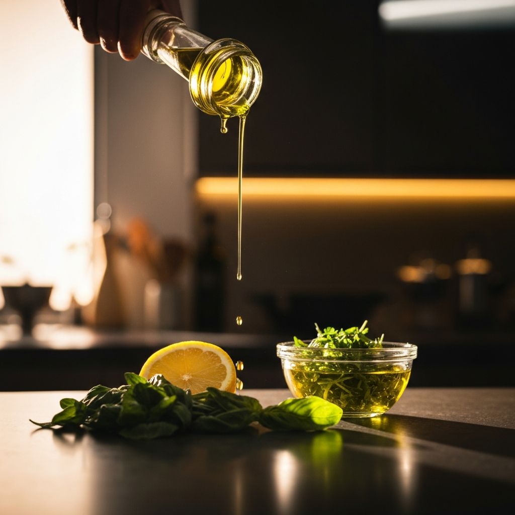 Fresh herbs and olive oil being assembled in natural kitchen light
